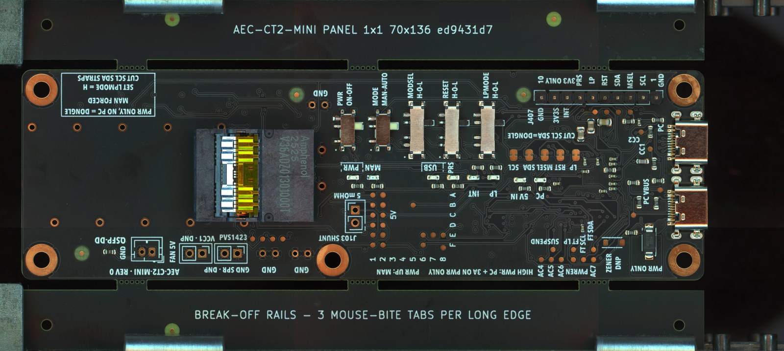 A real rev 0 board in its assembly panel, in JLC's production photo before shipping