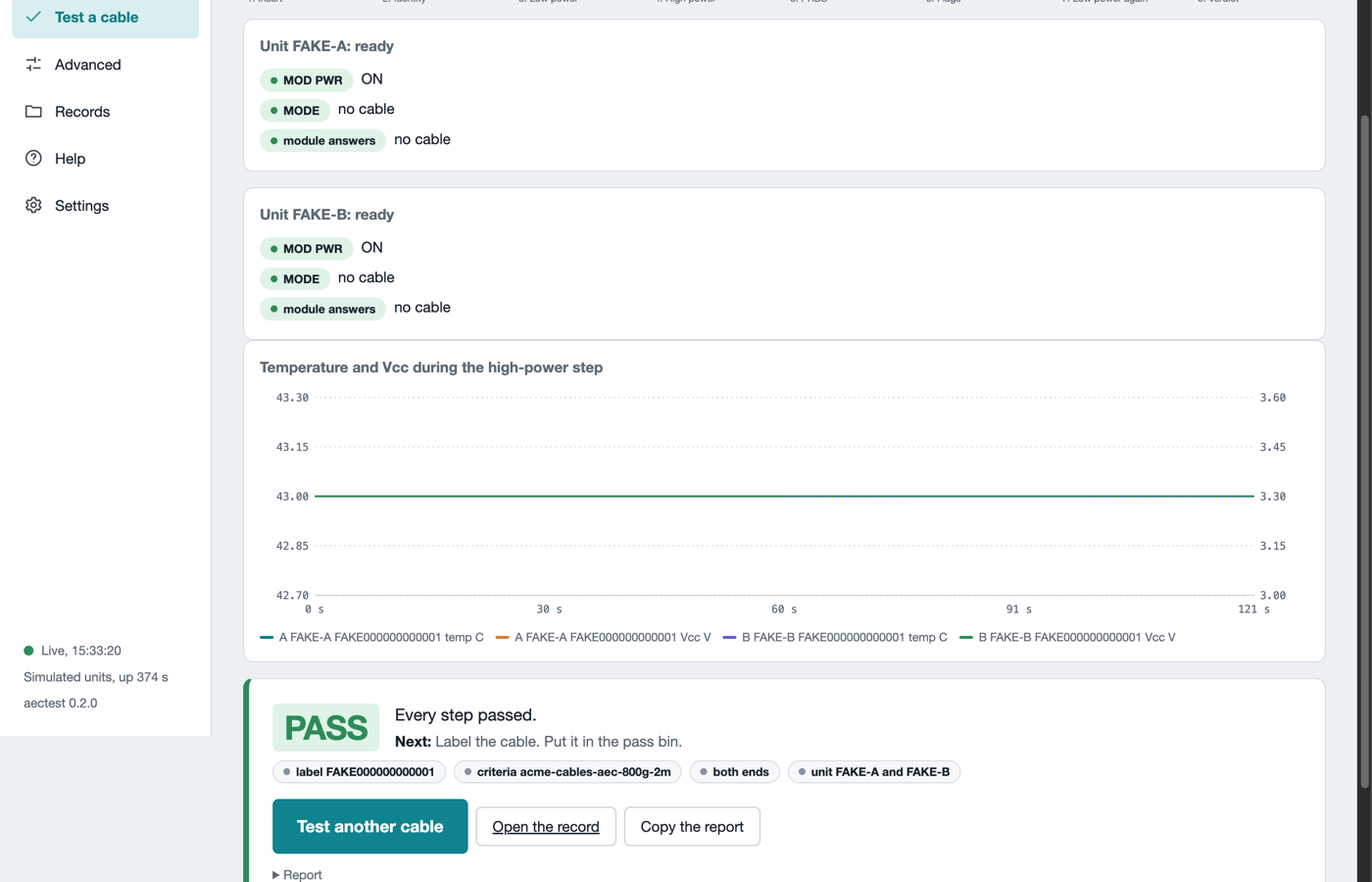 The guided test in the web UI, here in simulation mode with two simulated units